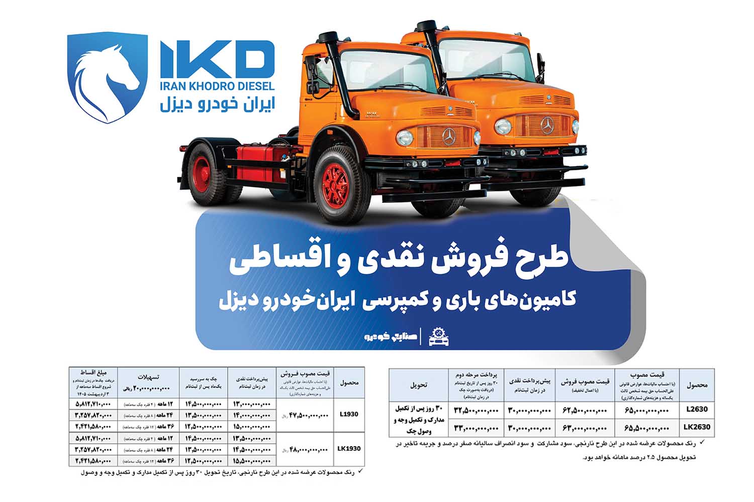به گزارش گام اقتصادی به نقل از ایکوپرس- در طرح فروش کامیون‌های مدل‌های L۲۶۳۰ و LK۲۶۳۰، L۱۹۳۰,Lk۱۹۳۰ محصولات با قیمت قطعی و همراه با تخفیف ویژه و شرایط پرداخت مرحله‌ای عرضه می‌شوند.